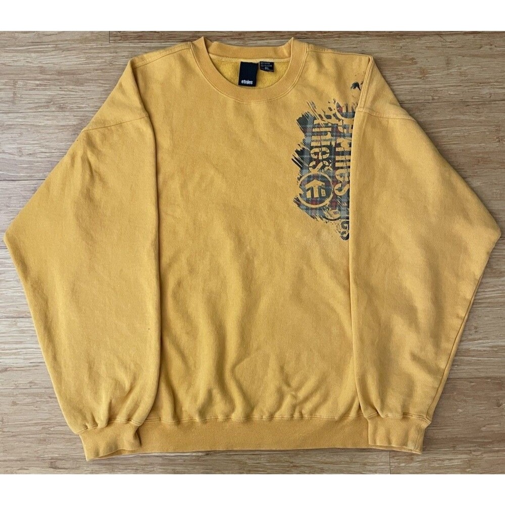 Etnies Mens XL Yellow Gold Crewneck Sweatshirt Y2K Skate Graphic Plaid